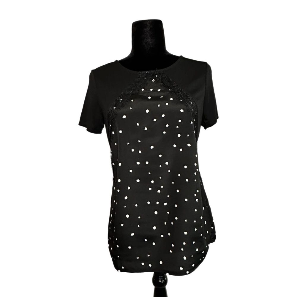 C22 Worthington Black Lace Blocked Blouse With White Dots, Small, Pre-owned